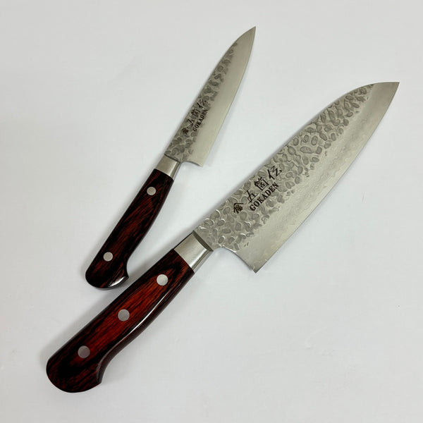 GOKADEN DAMASCUS HAMMERED FINISH SANTOKU & PETTY VG10 STAINLESS KNIFE GIFT SET