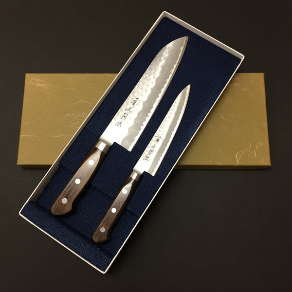 GOKADEN HAMMERED FINISH SUPER BLUE STEEL SANTOKU & UTILYTY KNIFE SET