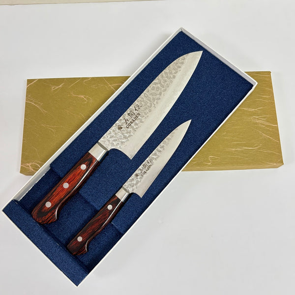 GOKADEN DAMASCUS HAMMERED FINISH SANTOKU & PETTY VG10 STAINLESS KNIFE GIFT SET