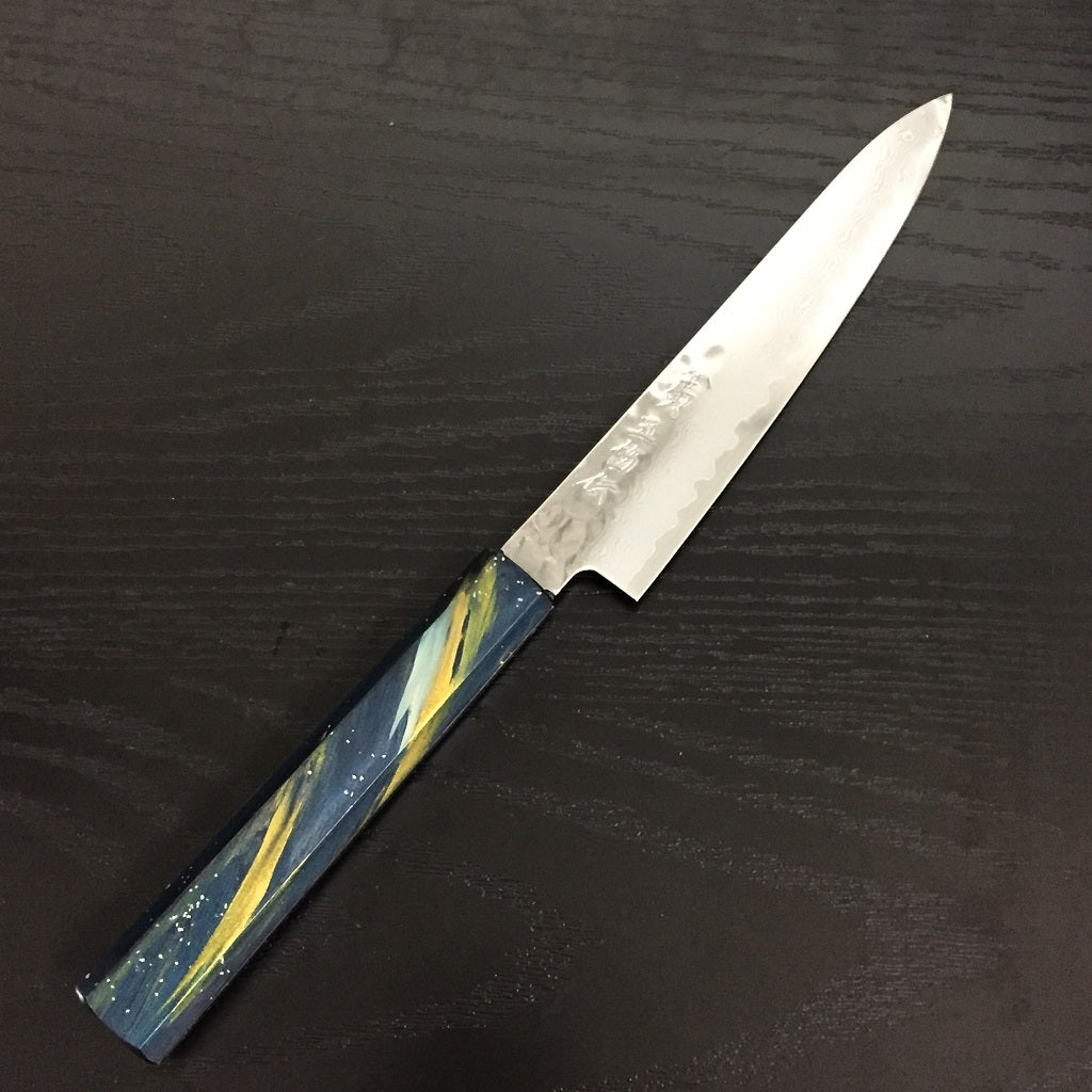 GOKADEN STAINLESS VG-10 PETTY KNIFE - OAK WOOD HANDLE URUSHI LACQUER COATING-BLUE