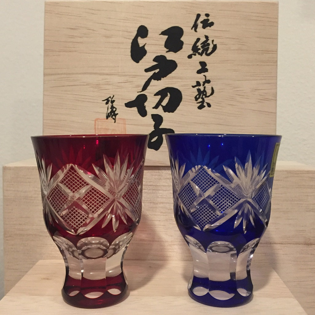 EDO KIRIKO CUT GLASS "NANAKO PATTERN (SET)" / WITH WOODEN BOX-SAKE